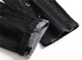 Men's Black Paint Splatter Slim Fit Patchwork Stretch Denim Jeans