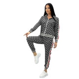 Casual Printed Ribbed Zip Pocket Two Piece Jacket Set