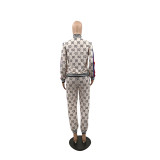 Casual Printed Ribbed Zip Pocket Two Piece Jacket Set