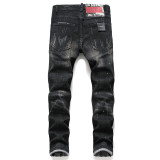 Men's Black Paint Splatter Slim Fit Patchwork Stretch Denim Jeans