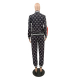 Casual Printed Ribbed Zip Pocket Two Piece Jacket Set
