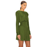 2023 Autumn Round Neck Lantern Sleeve Mini Pleated Dresses