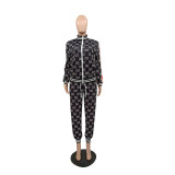 Casual Printed Ribbed Zip Pocket Two Piece Jacket Set