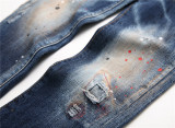 Distressed Denim Paint Splatter Slim Fit Jeans for Men