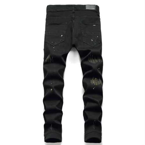 Men's Black Slim Fit Distressed Stud Embellished Jeans