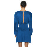 2023 Autumn Round Neck Lantern Sleeve Mini Pleated Dresses