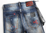 Distressed Denim Paint Splatter Slim Fit Jeans for Men