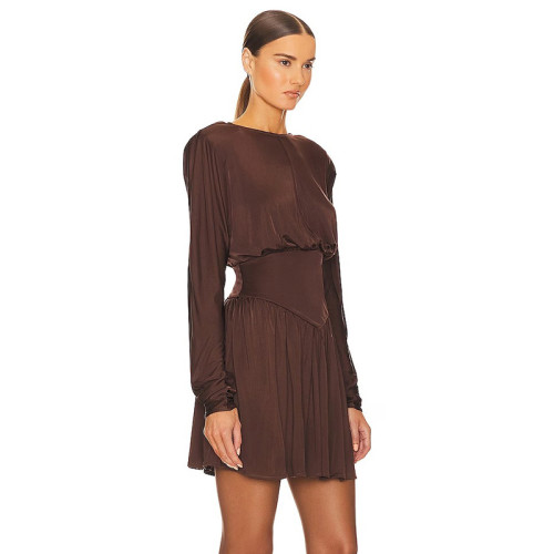 2023 Autumn Round Neck Lantern Sleeve Mini Pleated Dresses