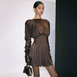 2023 Autumn Round Neck Lantern Sleeve Mini Pleated Dresses