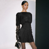 2023 Autumn Round Neck Lantern Sleeve Mini Pleated Dresses