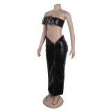 Sexy Leather Metal Buckle Tight-Fitting Hip Skirt Set