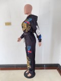 Fashion Print Hooded Sweatshirt Pants Two Piece Set