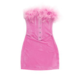 Sexy Strapless Fur Patchwork Mini Dress