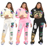 Fashion Print Hooded Sweatshirt Pants Two Piece Set