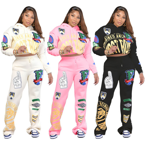 Fashion Print Hooded Sweatshirt Pants Two Piece Set