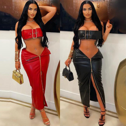 Sexy Leather Metal Buckle Tight-Fitting Hip Skirt Set