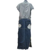 2023 Fashion Wash Stitching Multi-Pocket Chain Decoration Loose Sleeveless Long Slit Denim Jacket