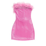 Sexy Strapless Fur Patchwork Mini Dress