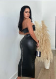Sexy Leather Metal Buckle Tight-Fitting Hip Skirt Set