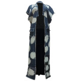 2023 Fashion Wash Stitching Multi-Pocket Chain Decoration Loose Sleeveless Long Slit Denim Jacket
