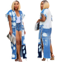 2023 Fashion Wash Stitching Multi-Pocket Chain Decoration Loose Sleeveless Long Slit Denim Jacket