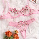 Seductive Low-rise Floral Embroidery Sheer Mesh Lingerie Set
