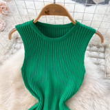 Solid Color Knitted Sleeveless Sweater Knee-length Pleated Fishtail Dresses