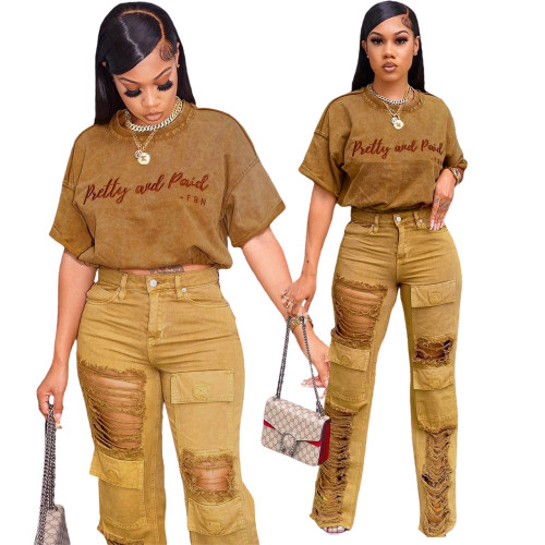 Embroidered lettering top and Denim distressed Suit