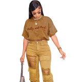Embroidered lettering top and Denim distressed Suit
