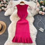 Solid Color Knitted Sleeveless Sweater Knee-length Pleated Fishtail Dresses