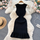 Solid Color Knitted Sleeveless Sweater Knee-length Pleated Fishtail Dresses