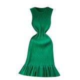 Solid Color Knitted Sleeveless Sweater Knee-length Pleated Fishtail Dresses