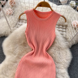Solid Color Knitted Sleeveless Sweater Knee-length Pleated Fishtail Dresses
