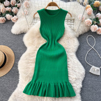 Solid Color Knitted Sleeveless Sweater Knee-length Pleated Fishtail Dresses