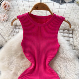 Solid Color Knitted Sleeveless Sweater Knee-length Pleated Fishtail Dresses