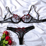 Seductive Low-rise Floral Embroidery Sheer Mesh Lingerie Set