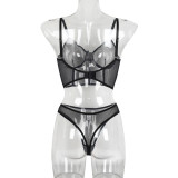 Seductive and Comfortable Sheer Mesh Bones Bodysuit Lingerie Set by Woudeyou