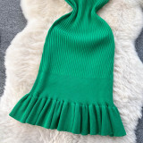 Solid Color Knitted Sleeveless Sweater Knee-length Pleated Fishtail Dresses
