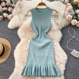 Solid Color Knitted Sleeveless Sweater Knee-length Pleated Fishtail Dresses