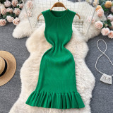 Solid Color Knitted Sleeveless Sweater Knee-length Pleated Fishtail Dresses
