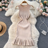 Solid Color Knitted Sleeveless Sweater Knee-length Pleated Fishtail Dresses