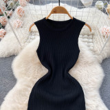 Solid Color Knitted Sleeveless Sweater Knee-length Pleated Fishtail Dresses
