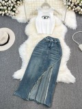 Slim Fit Vest and High-Waisted Knee-Length Denim Skirt with Side Slit