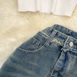 Slim Fit Vest and High-Waisted Knee-Length Denim Skirt with Side Slit
