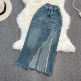 Slim Fit Vest and High-Waisted Knee-Length Denim Skirt with Side Slit