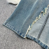Slim Fit Vest and High-Waisted Knee-Length Denim Skirt with Side Slit