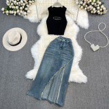 Slim Fit Vest and High-Waisted Knee-Length Denim Skirt with Side Slit