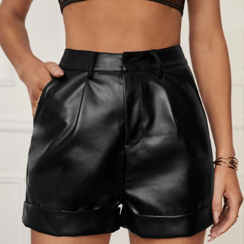 Women High Waist Sexy Faux Leather Shorts, Elastic Split PU Short Pants with Pockets