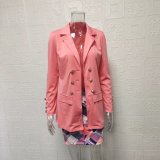 Long Sleeve Business Suits Double Breasted Two Piece Outfit Women Buttons Solid Color Work With Pockets Blazer And Skirt Set