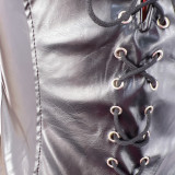 Fashion Tube Top Strapless Backless Eyelet Lace UP PU Leather Bodysuits